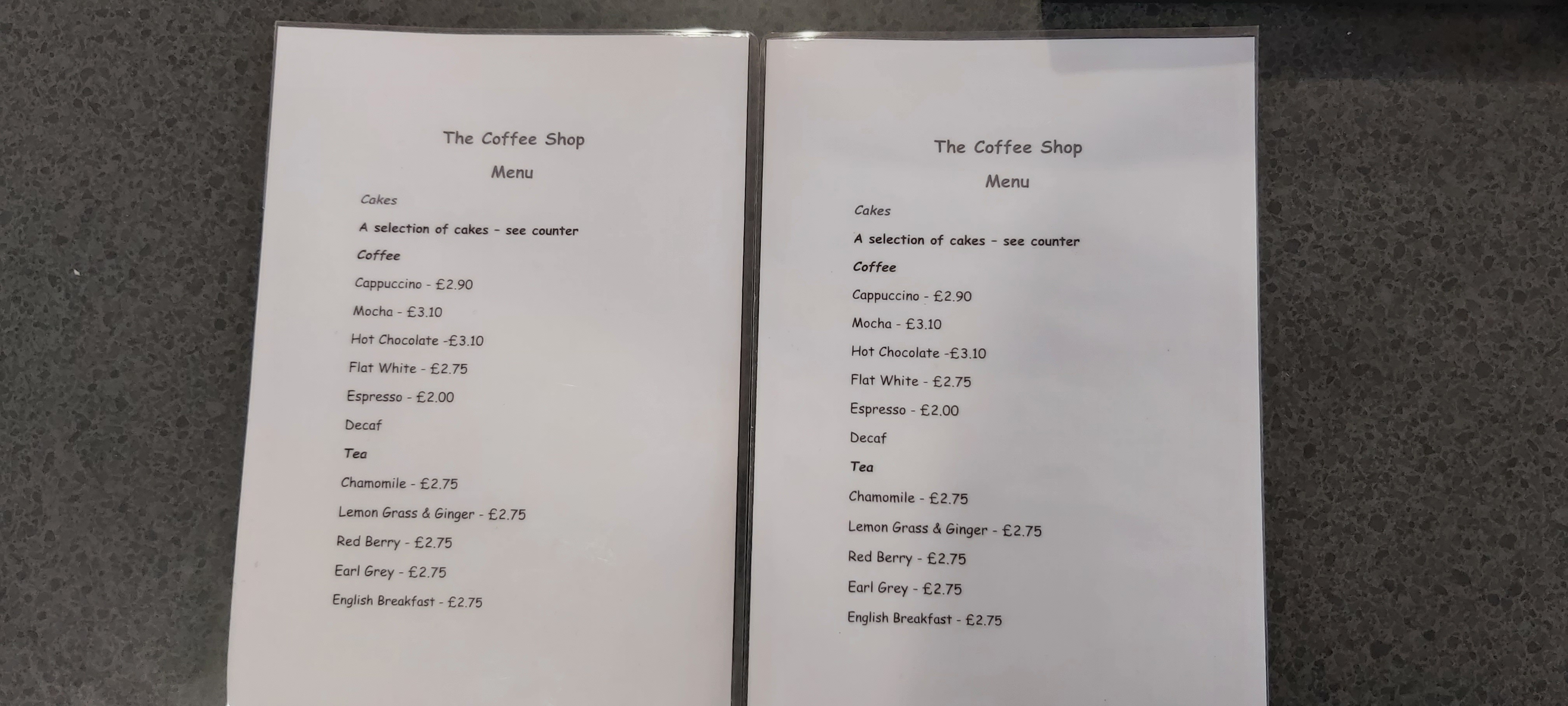 Coffee Shop price list